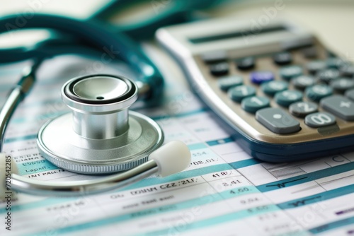 Healthcare Costs Concept with Stethoscope and Calculator on Financial Documents photo