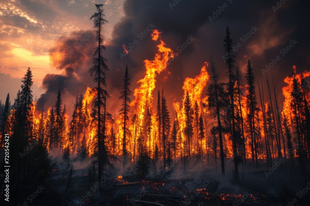 Devastating Forest Fire Engulfing Trees with Intense Flames and Smoke Devastating Forest Fire Engulfing Trees with Intense Flames and Smoke