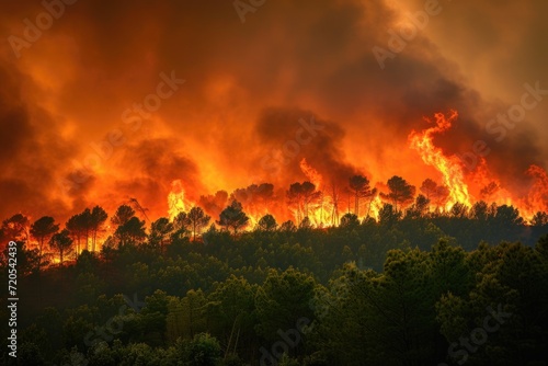 Devastating Forest Fire Engulfing Trees with Intense Flames and Smoke