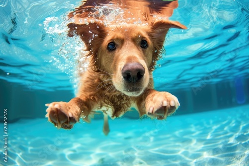 Underwater View of a Golden Retriever Swimming Towards the Camera