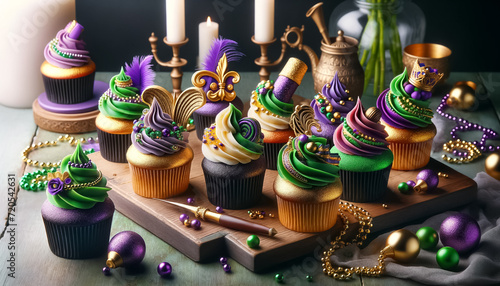 Regal Indulgence: Mardi Gras Cupcakes on a Candlelit Stage