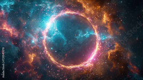 Cosmic display of glowing neon starlight and particles arranged in a captivating circle. 