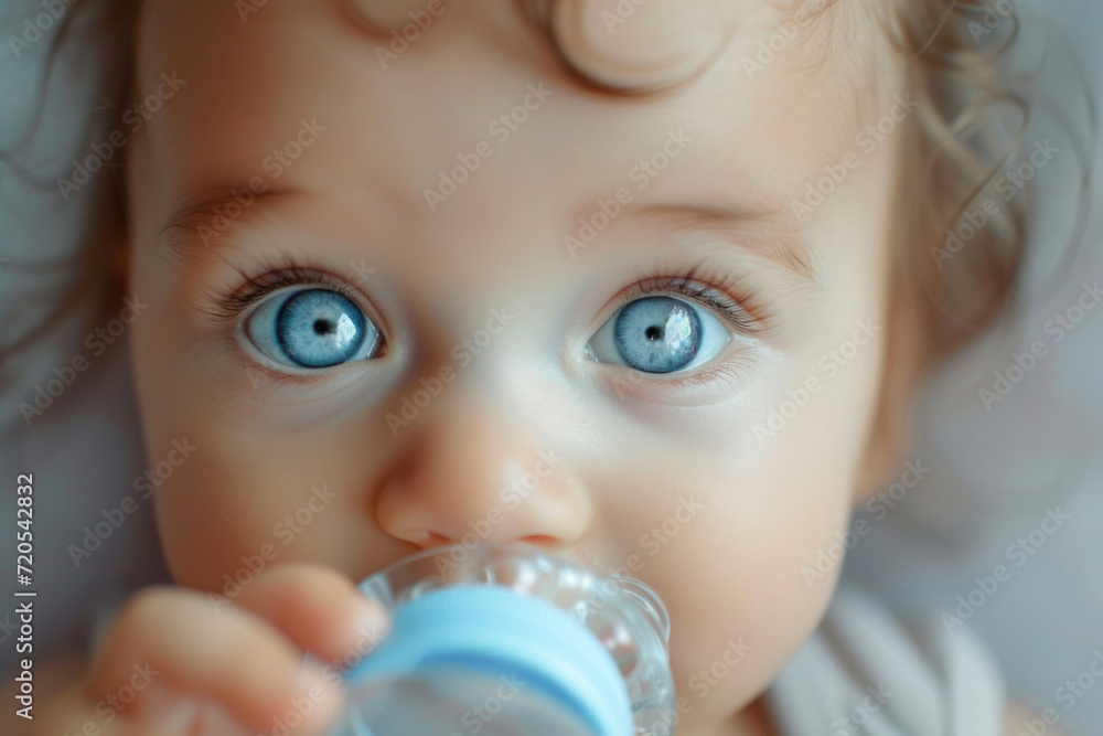 Close-Up of a Baby with Striking Blue Eyes Holding a Bottle Close-Up of a Baby with Striking Blue Eyes Holding a Bottle