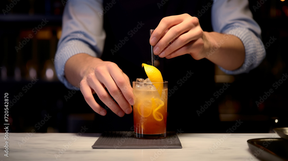 Barman is decorating a cocktail, close-up on hands Barman is decorating a cocktail, close-up on hands