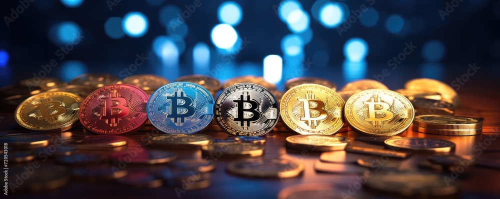 Bitcoin represented by gold coins in the cryptocurrency world. Bitcoin represented by gold coins in the cryptocurrency world.