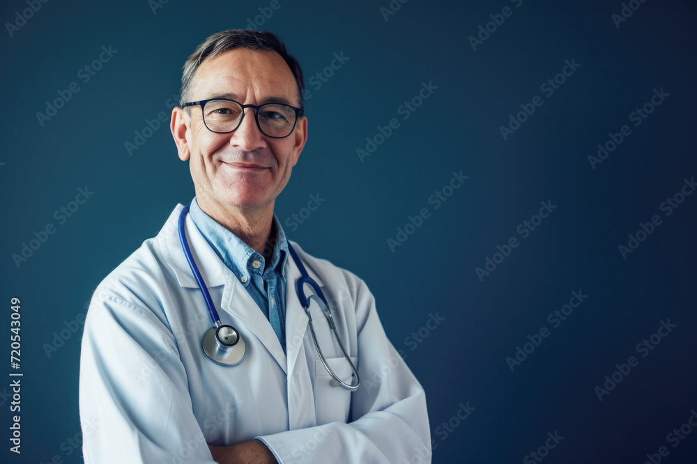 Fototapeta premium Experienced Male Doctor in Glasses with Stethoscope Over Dark Background