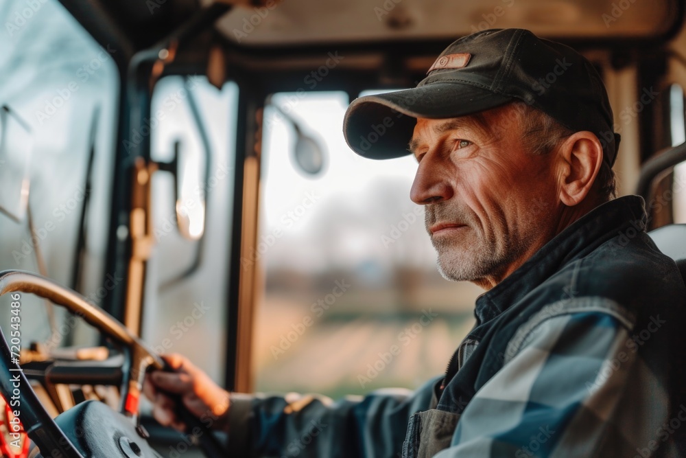 Seasoned Farmer Operating a Tractor on the Field Seasoned Farmer Operating a Tractor on the Field