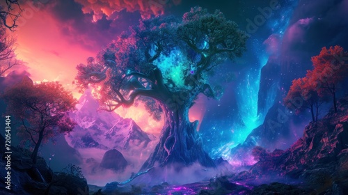 Vibrant and colorful the Norse Mythology tree of life, in a fantastical world.