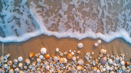 An aerial view of a beach with scattered seashells creating a natural mosaic pattern against the contrasting sand.