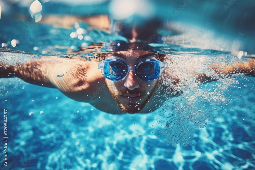 Dynamic Swimmer Diving Underwater with Goggles