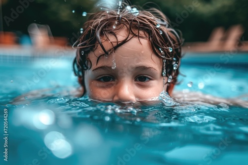Close-Up of Child s Face in Pool  Water Droplets on Eyelashes
