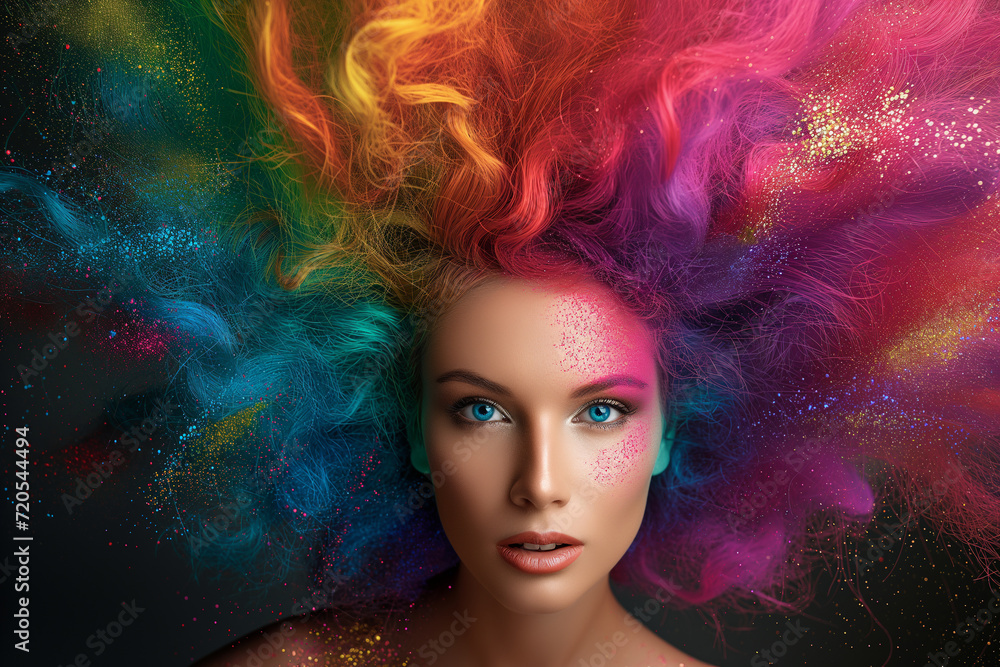 Beautiful woman with multi-colored hair and creative make up and hairstyle. Beauty face. Model for hairstyles. Beauty fashion portrait of a woman with rainbow-dyed hair.