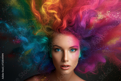 Beautiful woman with multi-colored hair and creative make up and hairstyle. Beauty face. Model for hairstyles. Beauty fashion portrait of a woman with rainbow-dyed hair.