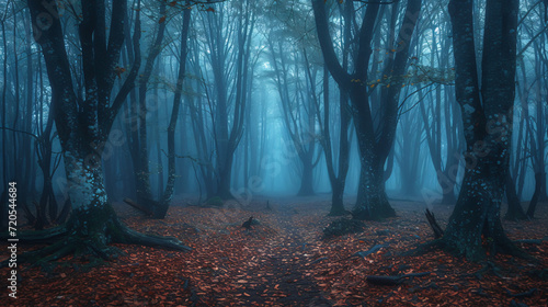 An ancient misty forest at twilight featuring gnarled trees and a carpet of fallen leaves. photo
