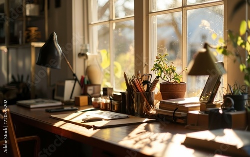 Neat and tidy home office bathed in morning sunshine