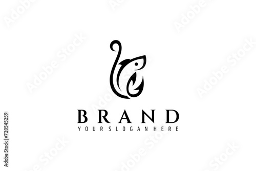 fish logo with fishing hook in flat vector design style