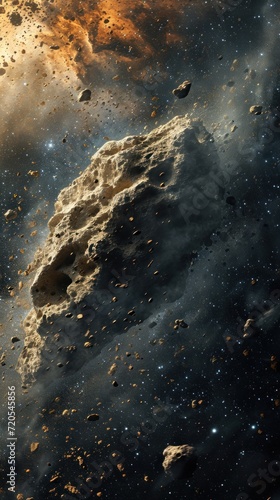 Rugged beauty of a dusty asteroid, surrounded by swirling debris in the vastness of space.
