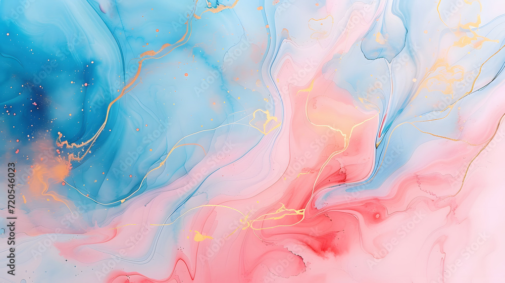 Abstract watercolor paint background illustration - Soft pastel pink blue color and golden lines, with liquid fluid marbled paper texture banner texture