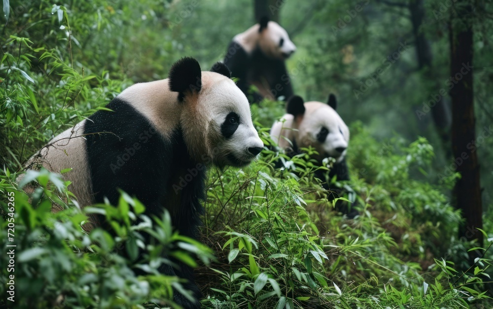 Obraz premium Panda gentle demeanor interacting with fellow pandas
