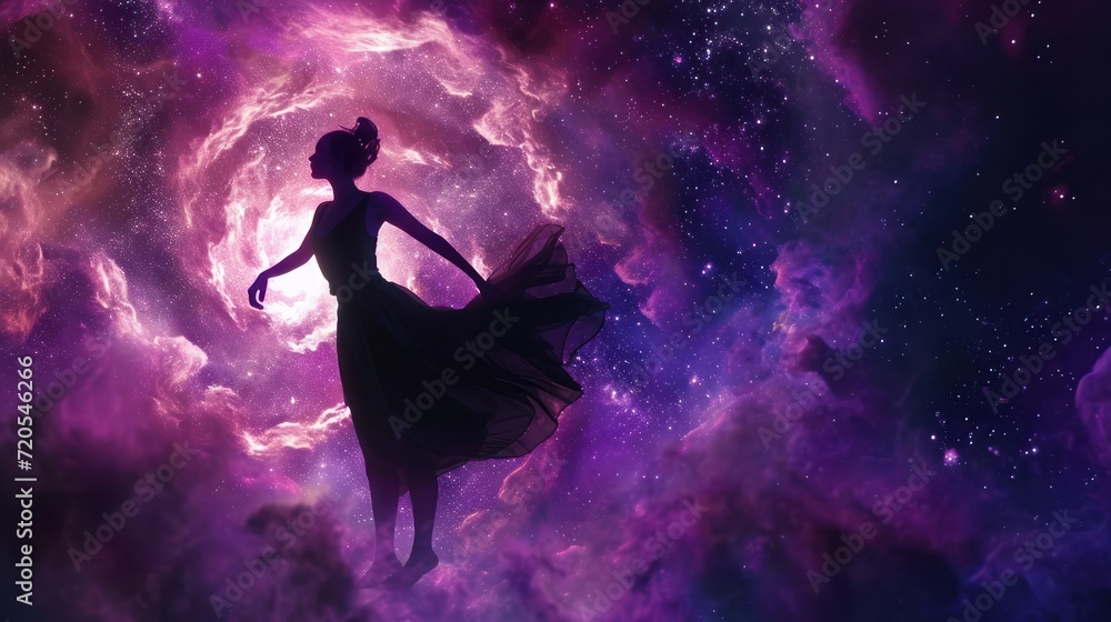 Woman's silhouette gracefully moving through a shifting universe. Dance of cosmic energies. 