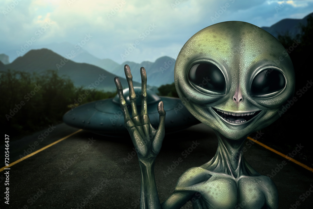 Fototapeta premium Alien and flying saucer on asphalt highway outdoors. Extraterrestrial visitors
