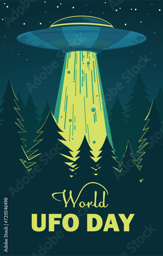 World UFO Day. Alien spaceship emitting light beam over forest at night, vector illustration