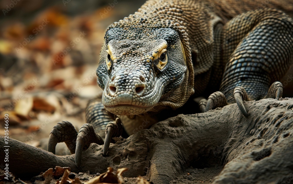 Obraz premium Komodo dragon claws gripping onto a tree root