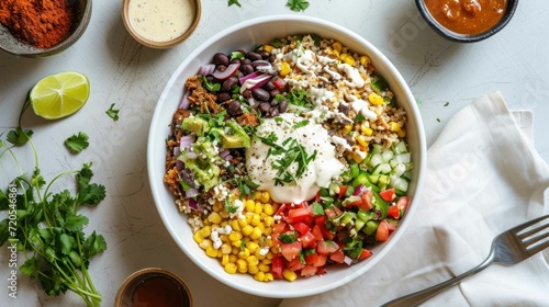Top down shot of Chipotle style Burrito Bowl against white background