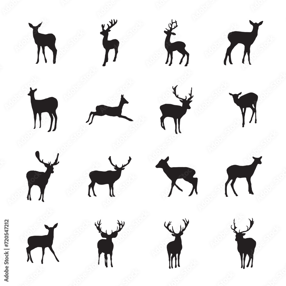 Fototapeta premium Set of wild deer silhouettes in flat style isolated on white background. Vector illustration