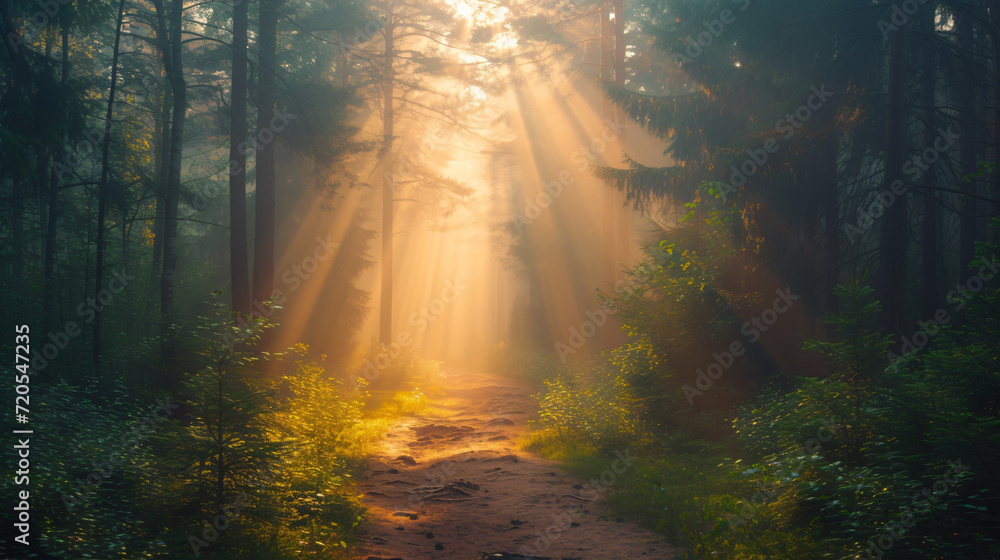 An early morning run through a foggy tranquil forest path rays of sunlight piercing through.