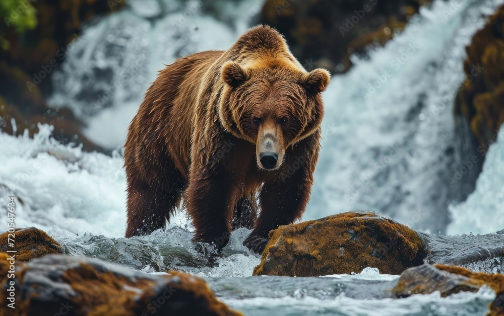 A grizzly bear standing at the edge of a cascading waterfall