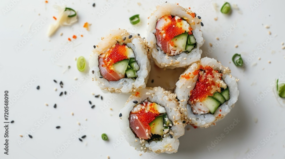 Overhead shot of a Spicy Tuna Roll on a minimalist white background Overhead shot of a Spicy Tuna Roll on a minimalist white background