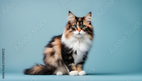 Fluffy kitty looking at camera on blue background