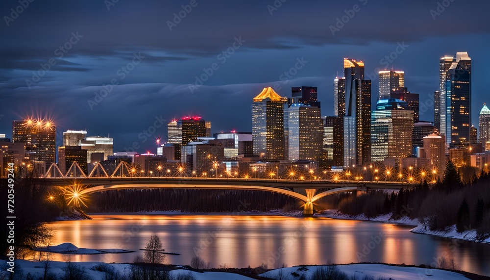 Calgary skyline at night with Bow River and Centre Street Bridge Stock ...