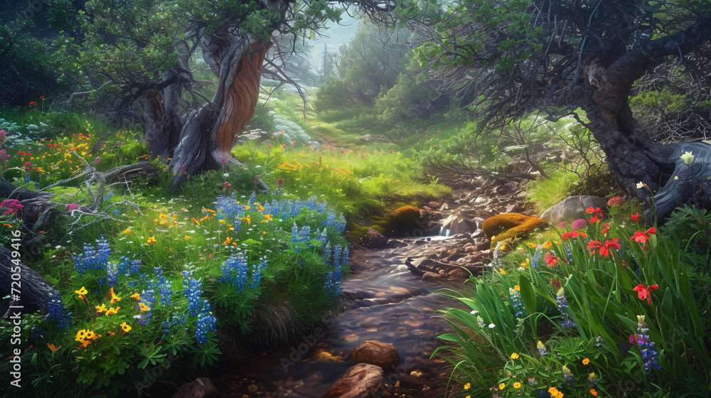 An enchanted forest with a small clear brook surrounded by ancient trees and a variety of colorful wildflowers. - obrazy, fototapety, plakaty 
