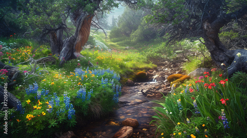 An enchanted forest with a small clear brook surrounded by ancient trees and a variety of colorful wildflowers. photo