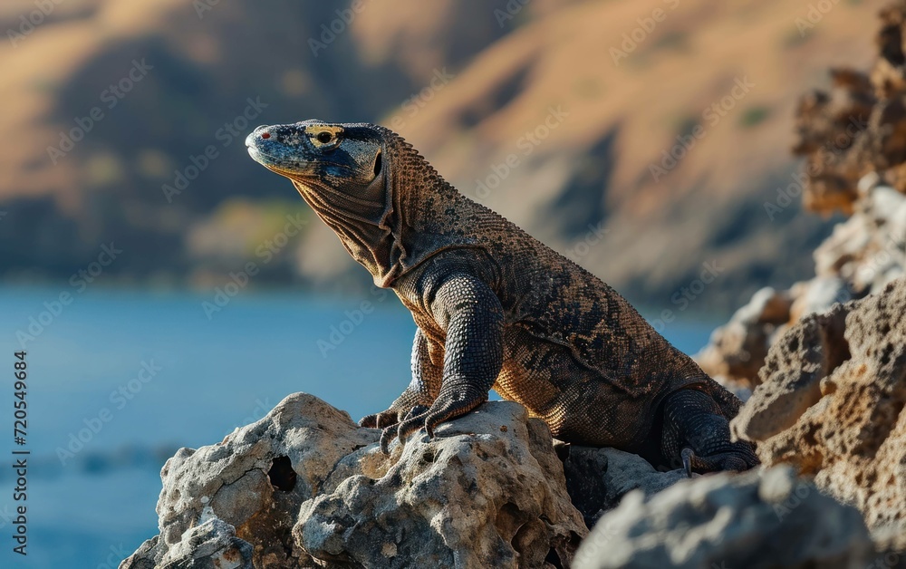 Komodo dragon perched on a rocky ledge
