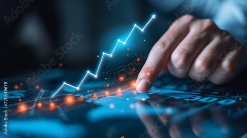 An upward curving arrow symbolizing financial growth and success overlays a background of charts and graphs, representing detailed profit analysis and development in business.