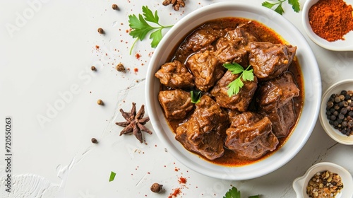 Top down shot of succulent Beef Rendang on a clean white background © sitifatimah