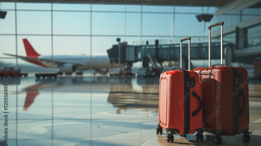 large suitcases in front of an airport window at dawn with airplanes in the background large suitcases in front of an airport window at dawn with airplanes in the background