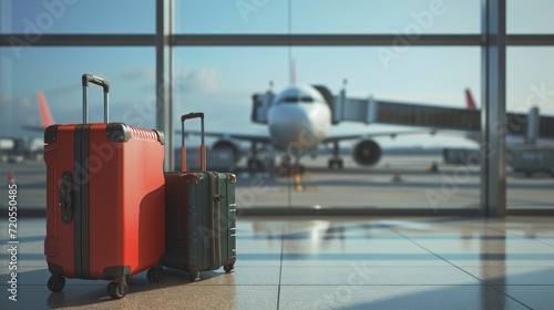 large suitcases in front of an airport window at dawn with planes in the background in high resolution and quality. concept international and national travel with family and friends photo