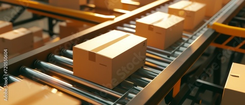 multiple cardboard box packages seamlessly moving along a conveyor belt in a warehouse fulfillment center.