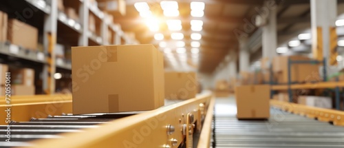 multiple cardboard box packages seamlessly moving along a conveyor belt in a warehouse fulfillment center. photo