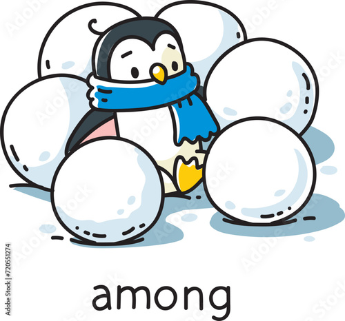 Prepositions. Penguin sitting among snowballs