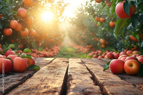 A wooden table adorned with a plentiful arrangement of fresh apples in sunny garden landscape background 