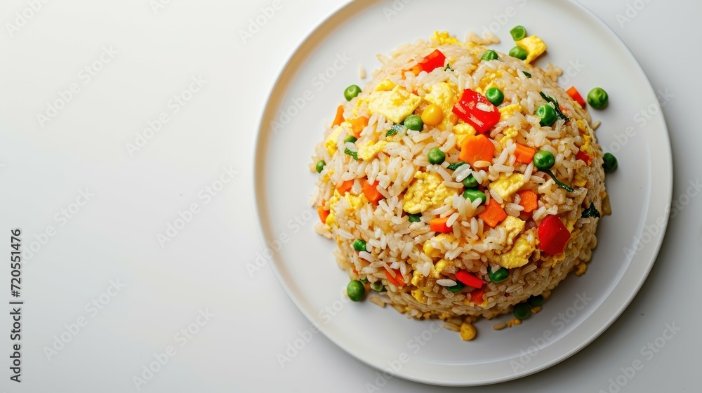 Top down shot of a steaming plate of classic Fried Rice on a clean white background Top down shot of a steaming plate of classic Fried Rice on a clean white background