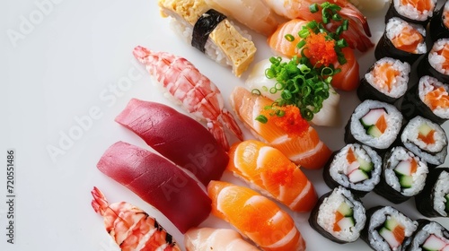 Top down shot of an exquisite Sushi Platter on a clean white background