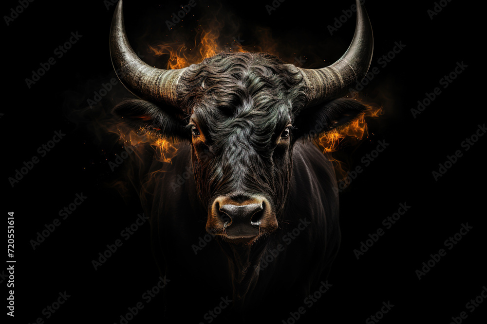 Naklejka premium Black Camargue bull face portrait on a black isolated background