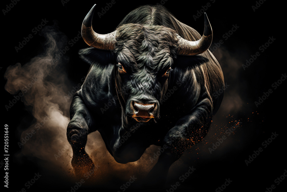 Naklejka premium Black Camargue bull face portrait on a black isolated background