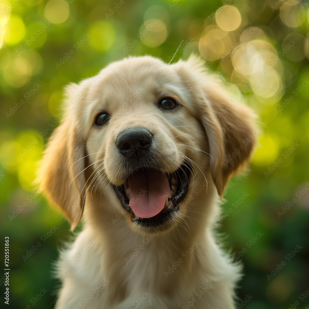 Close-Up Photo of a Cheerful Golden Retriever Puppy with a Bright, Joyful Expression, Surrounded by a Softly Blurred Green Background.